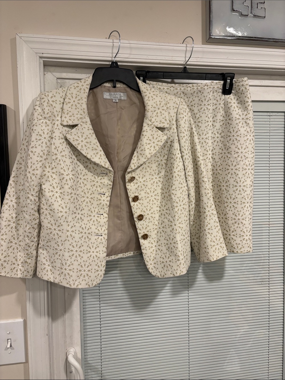 Tahari ASL Cream Eyelet Lace Cropped Blazer and Skirt Set